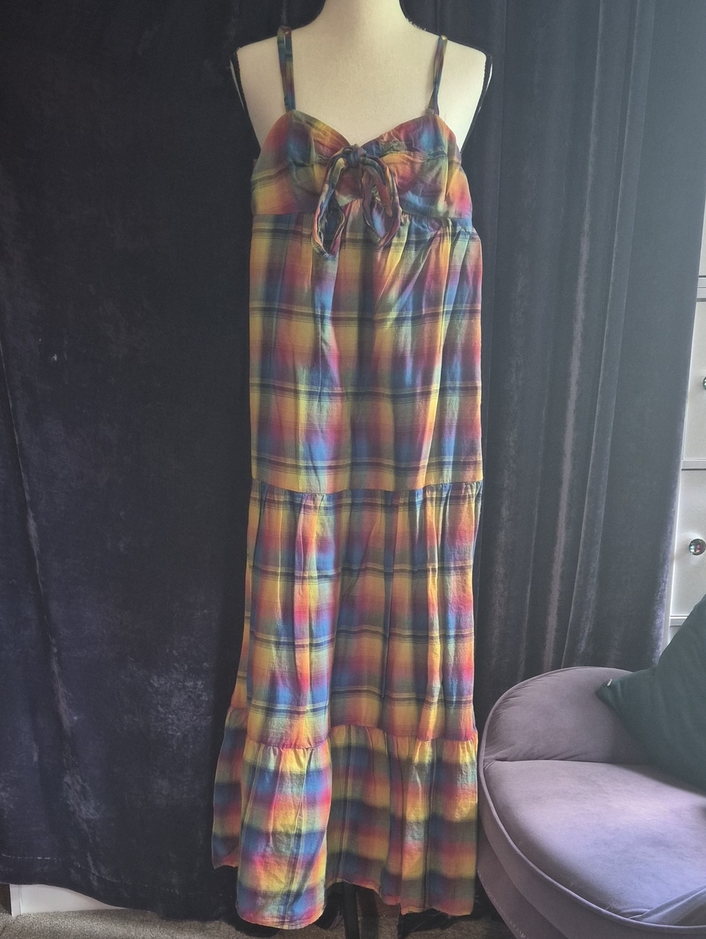 EUC Mossimo Supply Co. Rainbow Plaid Maxi Dress with Tie Front SZ XS